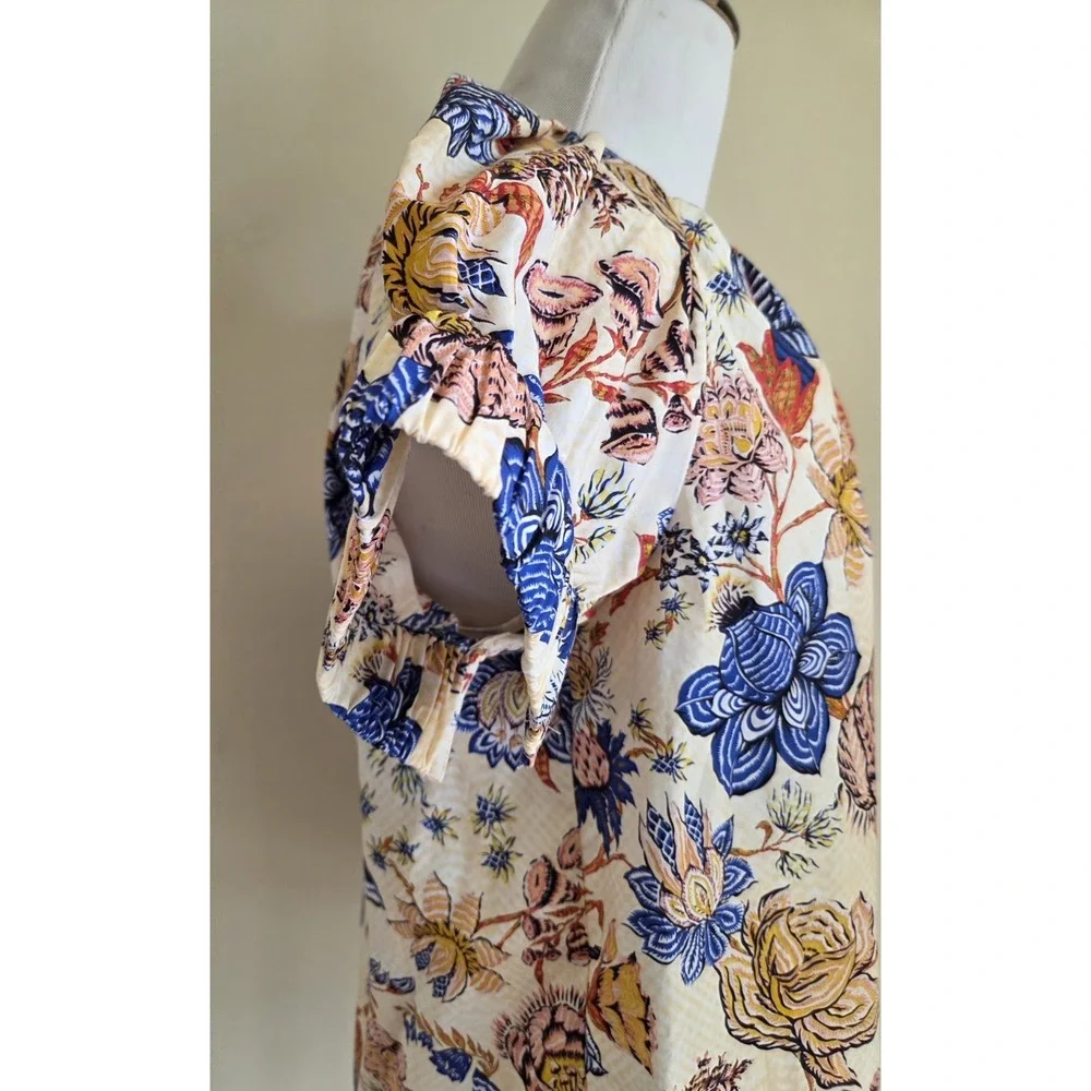 Ulla Johnson Naomi‎ Top Cotton Floral Cream Red Blue Ruched Sleeve Blouse Size 2